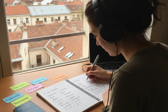 Language student practicing Serbian pronunciation with headphones and a notebook of phonetic notes
