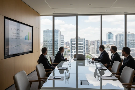 Modern Serbian corporate meeting room with a business presentation slide in Serbian on a large screen