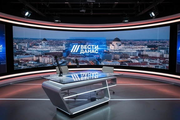 Moderan studio za vesti sa mikrofonom i ekranom koji prikazuje srpsku medijsku grafiku