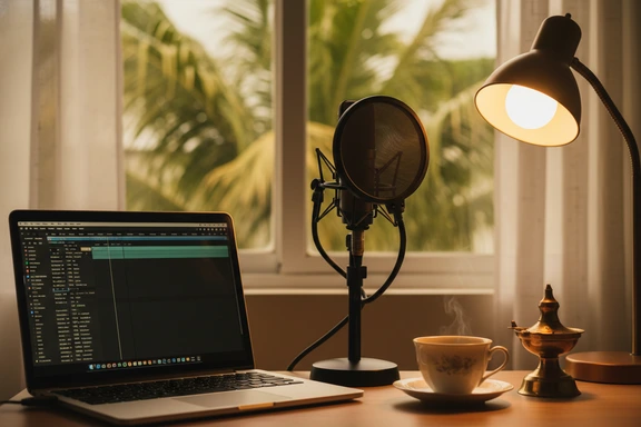 Home recording studio with microphone and Sinhala script on laptop screen