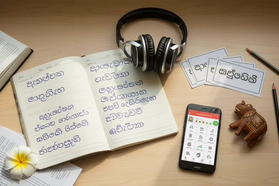 Study desk with Sinhala script flashcards and headphones