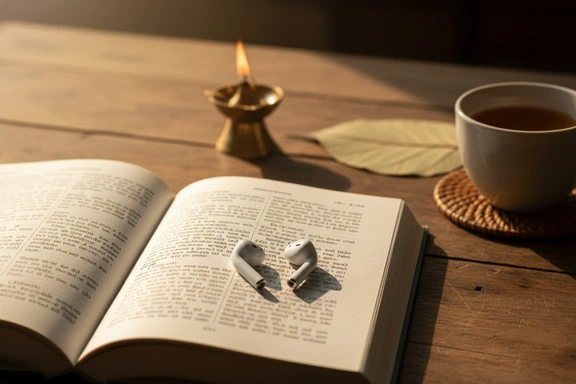 Open Sinhala book with headphones and Ceylon tea on wooden table
