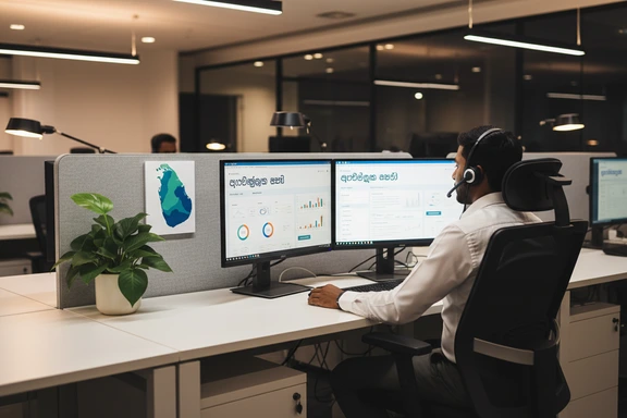 Sri Lankan call centre workstation with Sinhala script on screen
