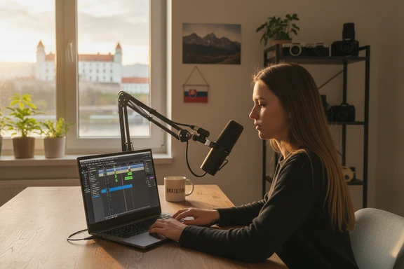 Slovak content creator recording a voiceover in a Bratislava home studio