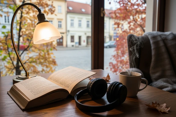 Open Slovak novel with headphones on a wooden table in warm lamp light