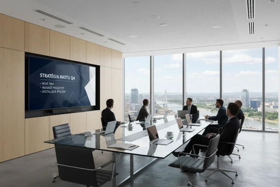 Professional presenter behind a Slovak business slide in a modern Bratislava office