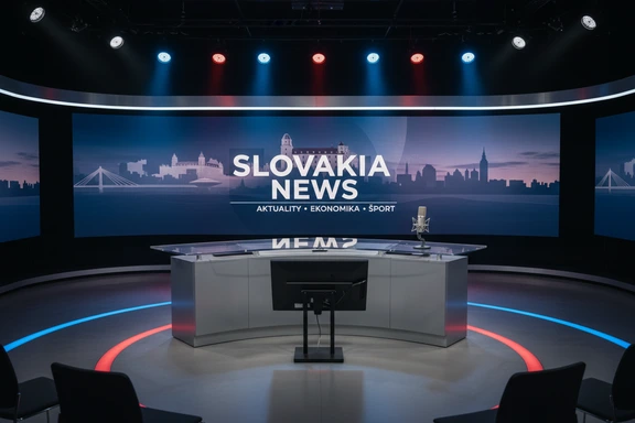 Moderné spravodajské štúdio s mikrofónom a panorámou Bratislavy