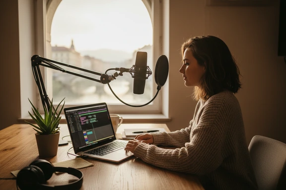 Giovane content creator sloveno registra un voiceover in uno studio domestico a Lubiana con il Ponte Triplo visibile dalla finestra