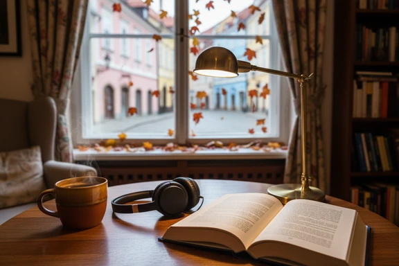 Open Slovenian novel with headphones on a wooden table in warm evening lamp light