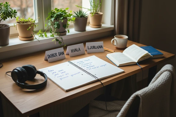 Studente di lingua che esercita la pronuncia slovena con cuffie e quaderno di note fonetiche