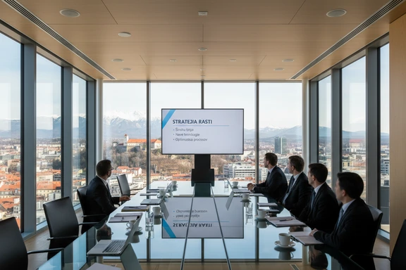 Presentatore professionista davanti a una presentazione aziendale in sloveno su un grande schermo in un moderno ufficio a Lubiana