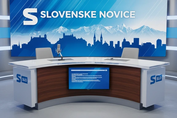 Banco di un moderno studio di notizie sloveno con microfono e schermo che mostra grafiche di notizie di Lubiana