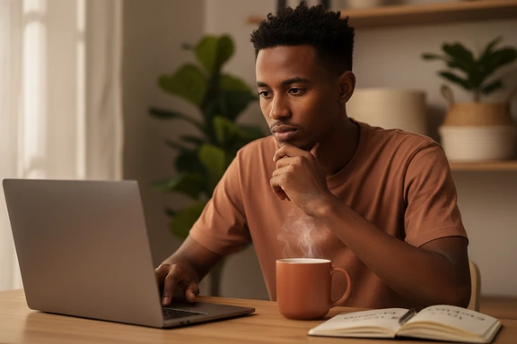 Home studio desk with Somali creator editing a video, warm tea glass and notebook with Somali script