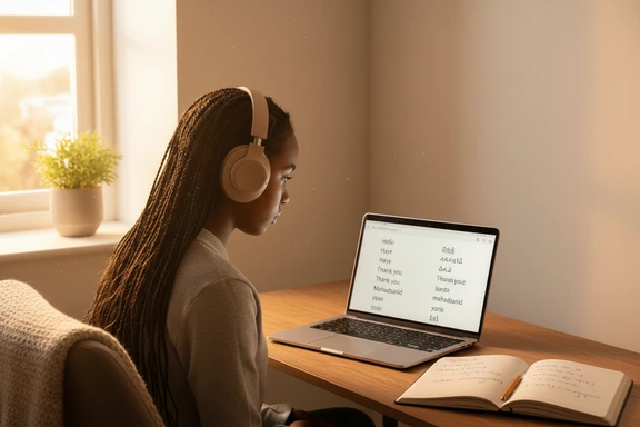 Young heritage learner with notebook and headphones practicing Somali vocabulary on a laptop