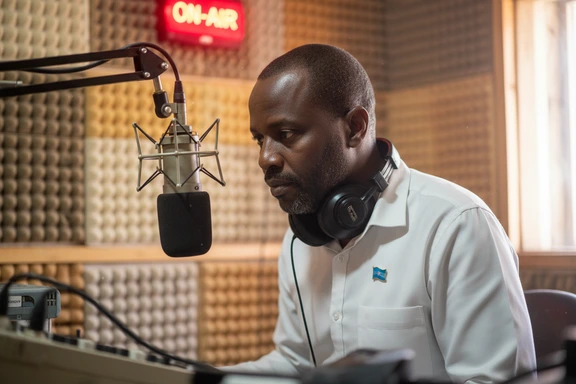 Community radio microphone in a studio with Somali flag pin and headphones