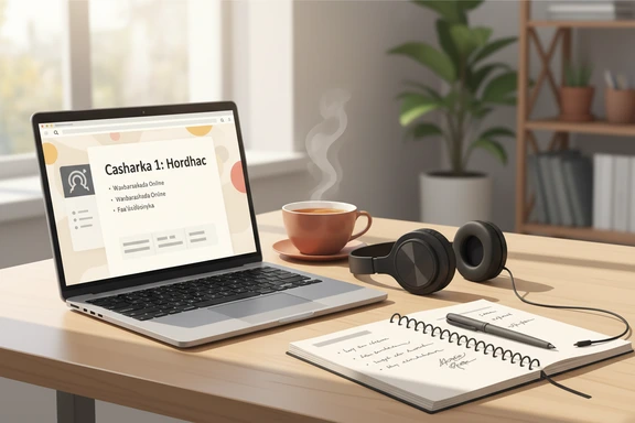 Laptop with Somali e-learning module and headphones on a desk with a cup of tea