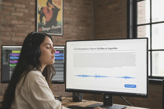 Estudio de radio argentino con guion publicitario y estadio de fútbol al fondo