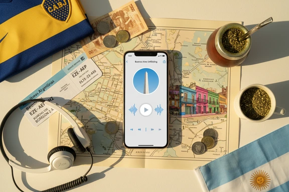 Milonga porteña con auriculares y forma de onda de audioguía