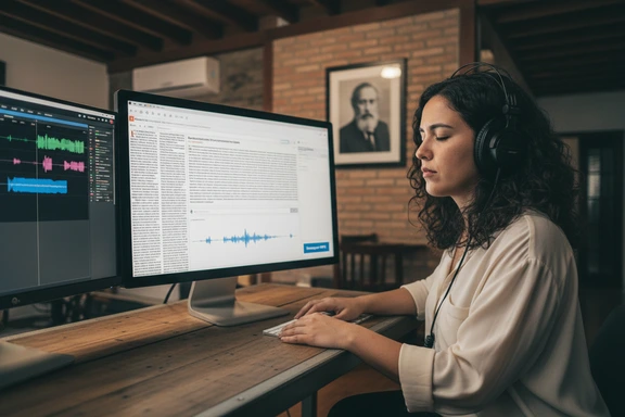 Santiago radio studio with Chilean advertising script and Andes mountains through the window