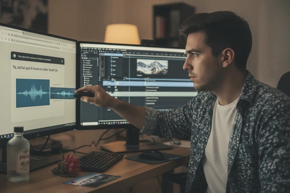 Chilean YouTube creator desk with podcast microphone and Santiago skyline on screen