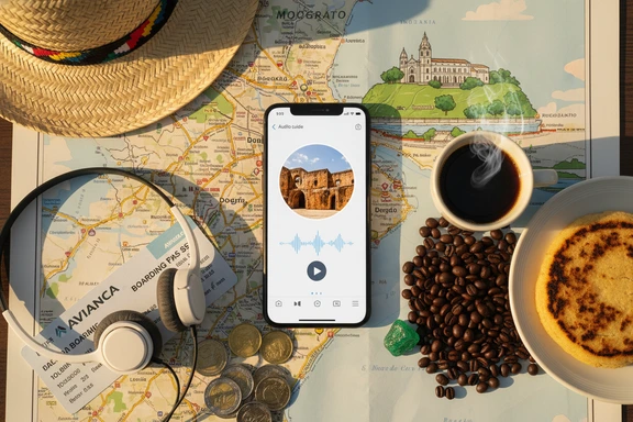 Colombian travel guide scene with coffee region and Cartagena imagery