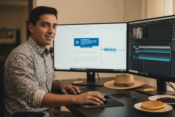 Creator desk with YouTube and podcast setup for Colombian voiceover