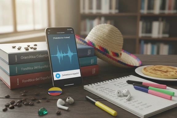 Language learner desk with Colombian pronunciation notes and headphones
