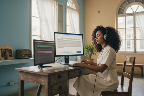 Estudio de medios cubano-americano con horizonte de La Habana y vinilos de son cubano sobre la mesa