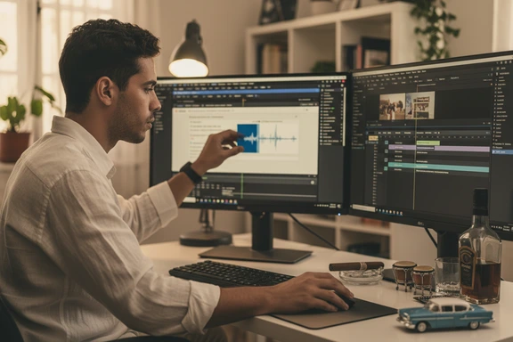 Ensayo de banda de son cubano con micrófono de podcast en un estudio habanero