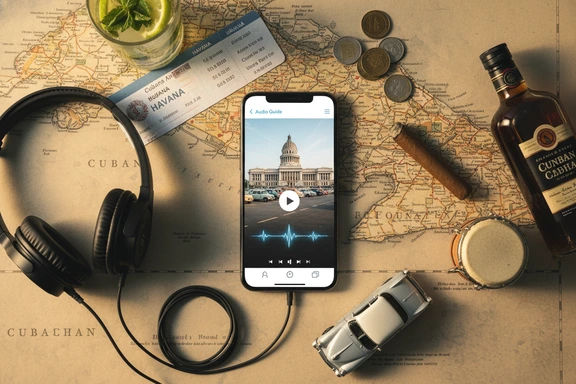 Auriculares de audioguía junto a un mapa de La Habana Vieja con mojito y auto clásico de los años cincuenta