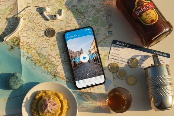 Auriculares de audioguía junto a mapa de la Zona Colonial de Santo Domingo con adoquines y playa de Bávaro al fondo