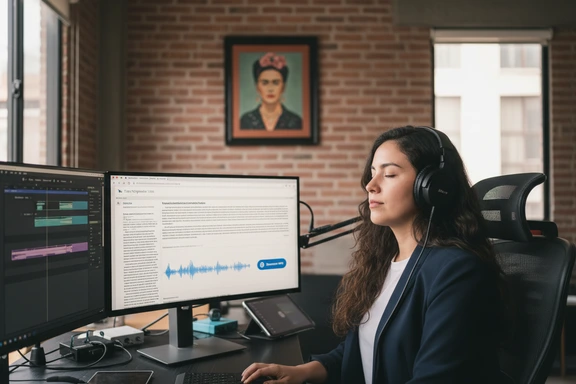 Mexican radio studio with advertising script, mariachi guitar and CDMX skyline in background