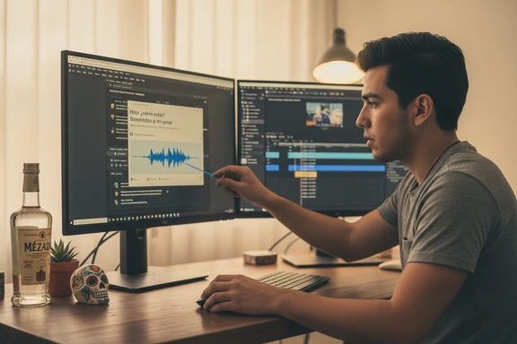Dubbing studio booth with telenovela script and microphone for Mexican voiceover
