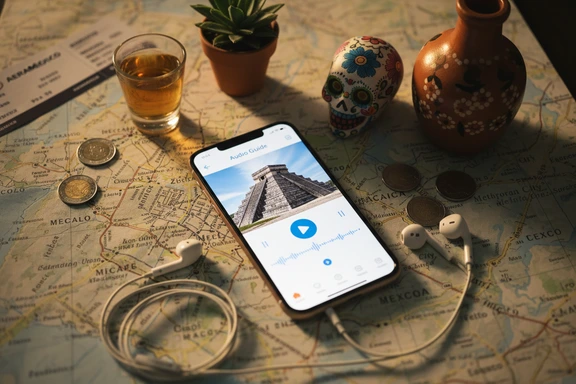 Tulum travel scene with headphones, agave field and audio guide waveform