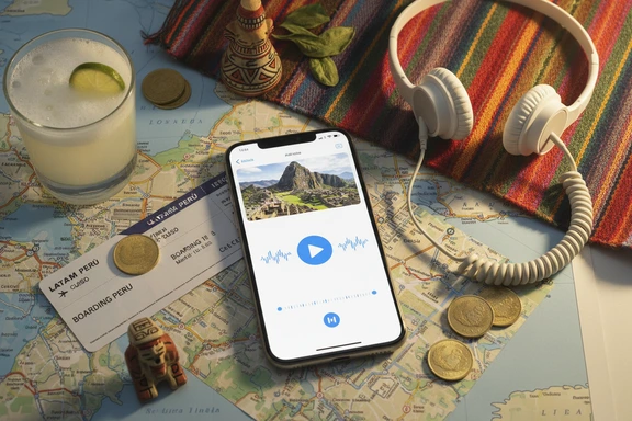 Audioguía de Machu Picchu con plato de ceviche y horizonte de Cusco en pantalla