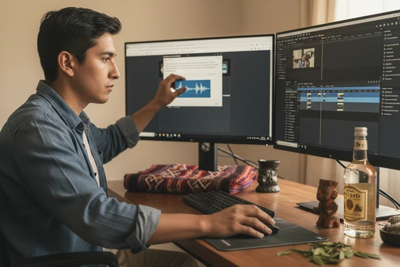 Creador peruano grabando podcast con horizonte de Lima y plato de ceviche