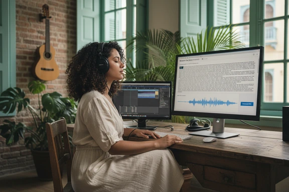 Podcaster de la isla grabando en Orlando con fondo del Bronx y referencias de la diáspora