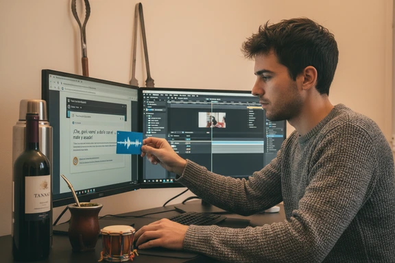 Contenido sobre mate y candombe — creador con calabaza, termo y notebook sobre la Rambla de Montevideo