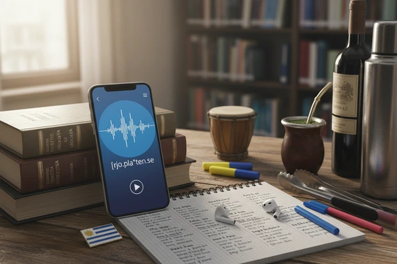 Aprendizaje de la variante montevideana — tarjetas con conjugaciones de voseo vos sabés, vos tenés, vos podés y forma de onda del Plata