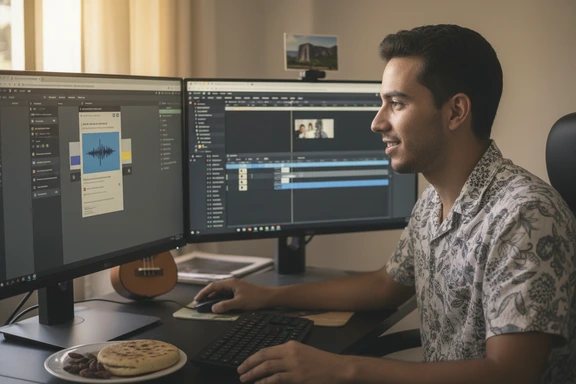 Creador de contenido venezolano grabando en Caracas con arepa y forma de onda en pantalla