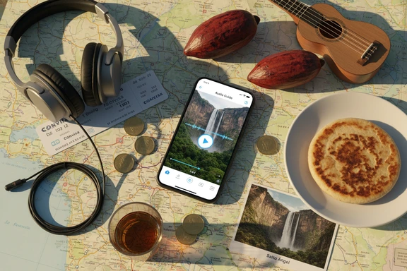 Audioguía del Salto Ángel y Los Roques con auriculares sobre un mapa de Venezuela