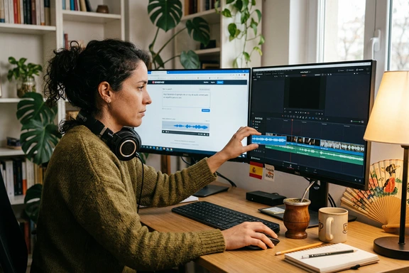 Creadora de contenido con doble pantalla y onda de audio en español