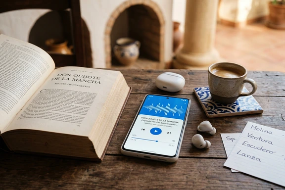Libro de Don Quijote junto a un móvil con reproductor de audiolibro