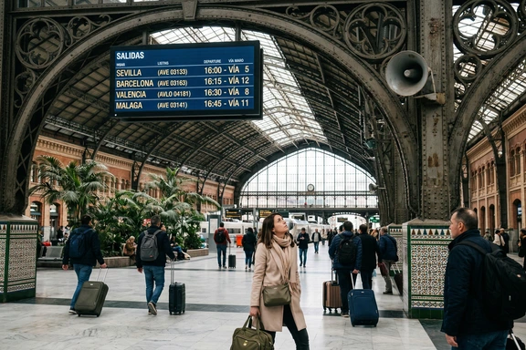 Interior de estación RENFE con pantalla de destinos Madrid-Barcelona-Sevilla