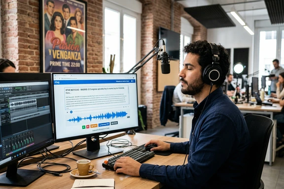 Productor en Madrid revisando guion de podcast español con auriculares