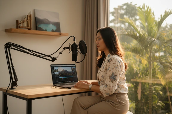 Young Sundanese content creator recording a vlog in a home studio with Bandung volcano skyline through the window