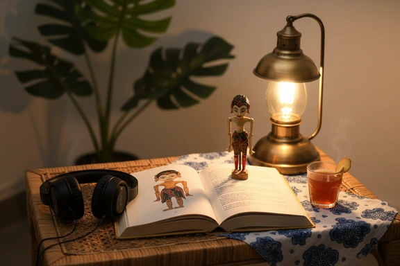 Open Sundanese storybook with wayang golek illustration and headphones on a rattan table