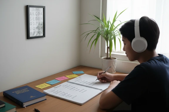 Sundanese language student practicing with handwritten notes and an Aksara Sunda chart on the wall
