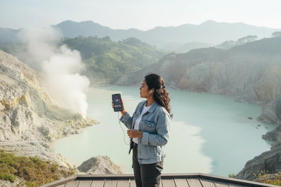 Domestic tourist using a mobile audio guide app at Kawah Putih white crater lake in West Java