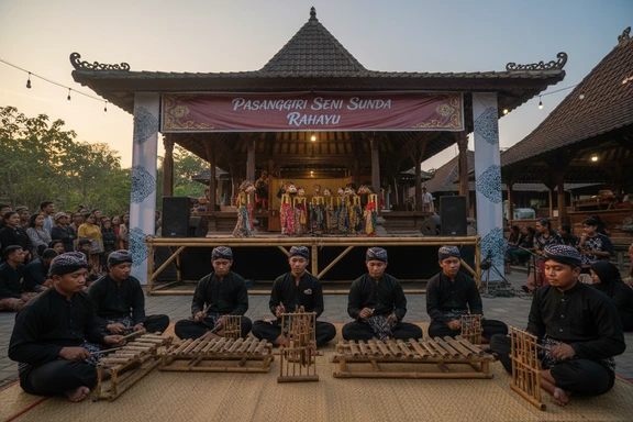 Panggung festival tradisional Sunda dengan pertunjukan angklung lan spanduk pagelaran wayang golek